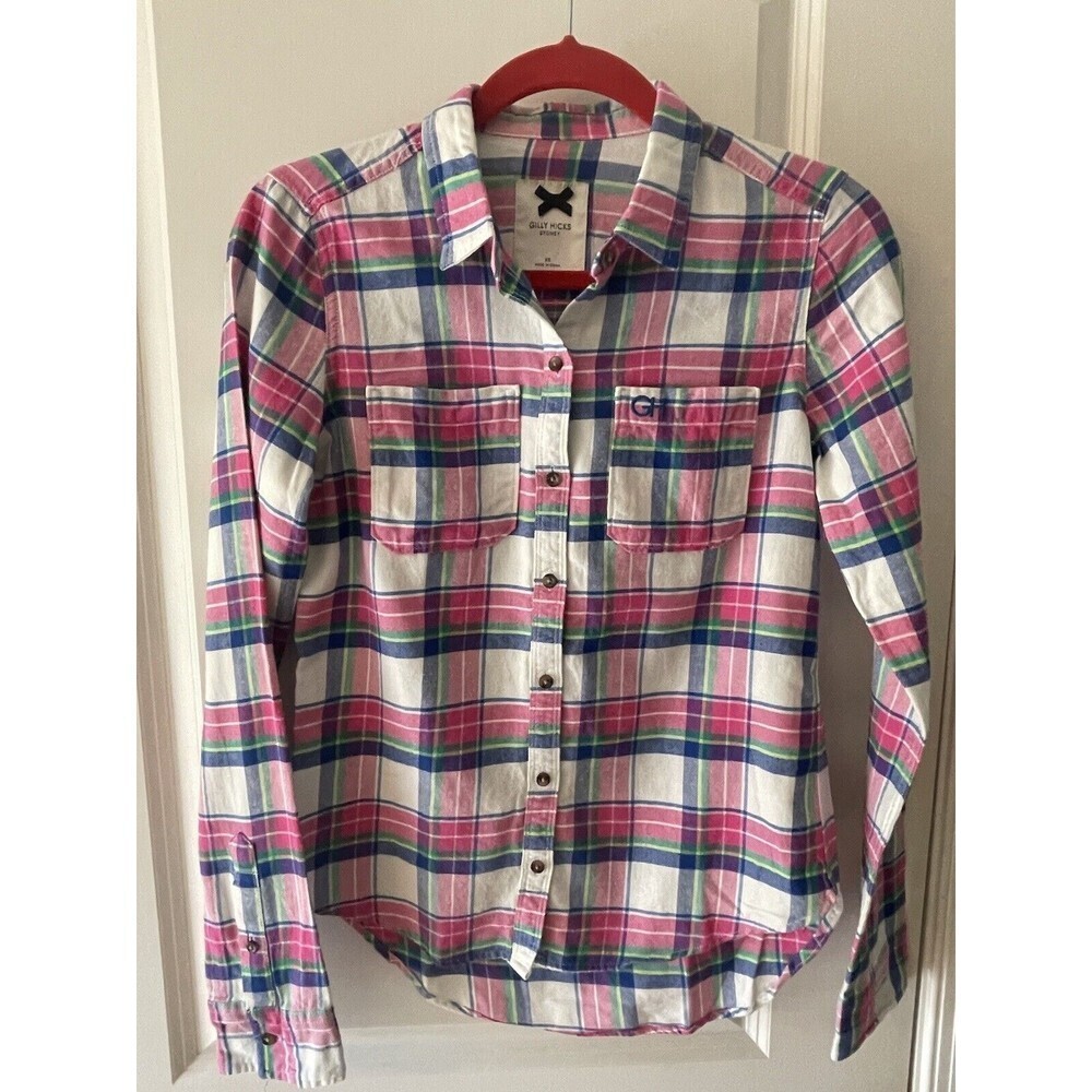 Gilly Hicks Sydney Women's Sz XS Pink Blue Plaid Flannel Button Down Shirt J34